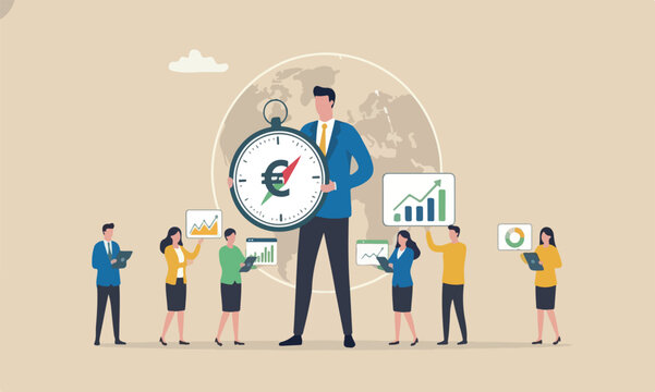 European Unio teams together COVID-19, EU financial strategy or business and stock market outlook concept, businessman leader standing with direction compass with Euro zone flag.