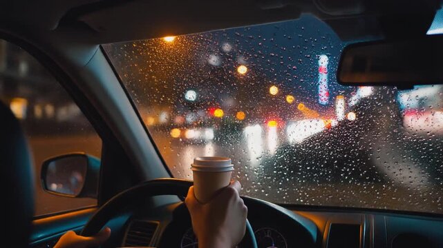 Person driving a car on a rainy night, holding a coffee cup