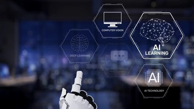 Futuristic interface showcasing artificial intelligence concepts with robotic hand interacting with various technology icons, including deep learning and automation. Synapse.