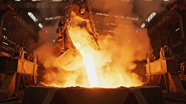 Molten metal pouring from ladle in steel foundry for industrial and manufacturing content