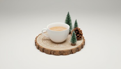 Fototapeta premium Coffee Cup on Wooden Board with Christmas Trees.