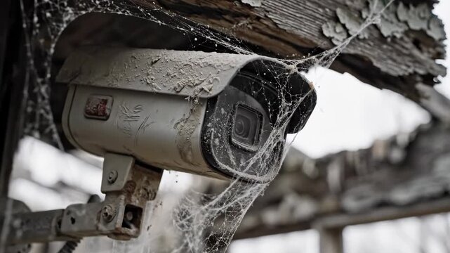 Abandoned security camera covered in cobwebs zooming in on decayed wooden structure for surveillance and neglect concepts