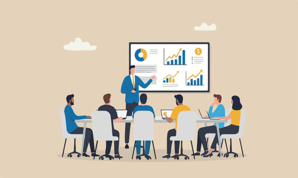 Business investmen, smart businessman present business analysis report on whiteboard in company meeting or conference.