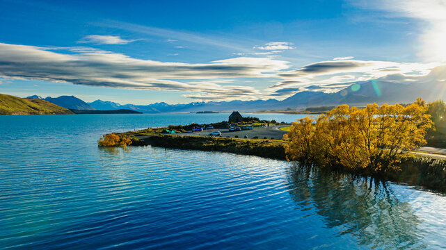 Aerial View of Church of the Good Shepherd at Lake Tekapo, New Zealand
