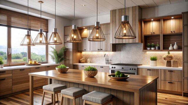 A photo of teak wood pendant lights hanging over a modern kitchen, sleek countertops, stainless steel appliances, minimalist design, warm ambient ligh