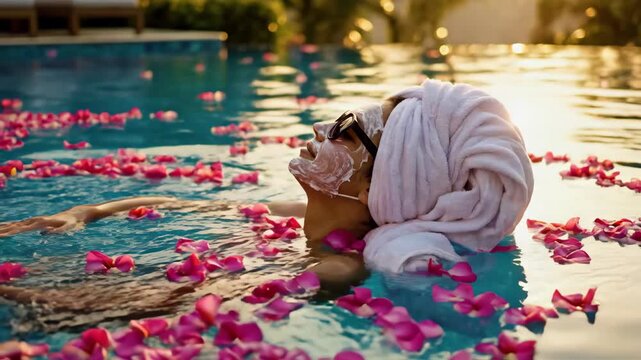 Woman relaxing in pool with face mask and rose petals for luxury spa and wellness content