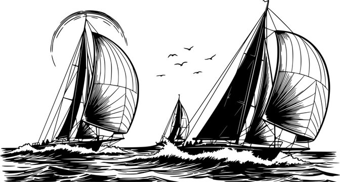 Energetic black and white sketch depicting a thrilling sailboat race on the open sea