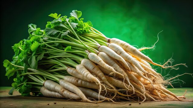 A photo of a large pile of green bitter radish roots, neatly arranged and freshly harvested from the earth The crisp, white flesh contrasts with the