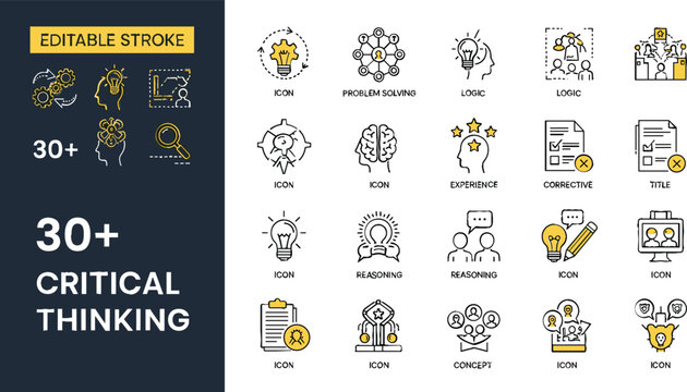 Critical thinking and problem solving line icon set featuring logic reasoning experience evaluation and creative brain brainstorming.