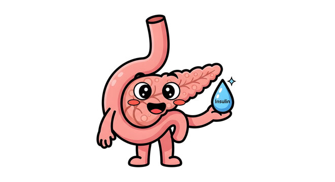 cartoon pancreas character holding tiny insulin dr