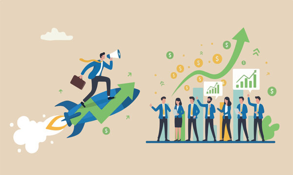 Financial team The style of the illustration is modern, flat design with clean lines and minimal shading. for success concept, businessman riding rocket booster with growth arrow.