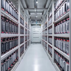 Obraz premium A narrow aisle between rows of industrial battery racks inside a clean, well-lit energy storage facility.
