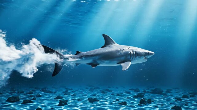 Great white shark swimming through deep ocean water in cinematic CGI animation