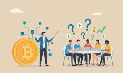 currency, businessma expert explain blockchain technology on golden Bitcoin coin