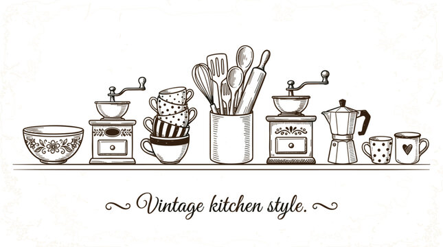 Hand-drawn vector illustration of vintage kitchenware featuring coffee grinders, patterned teacups, a moka pot, and utensils on a shelf.