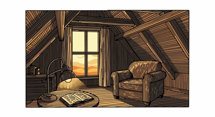 Attic interior with armchair round table lamp and open book © Matt