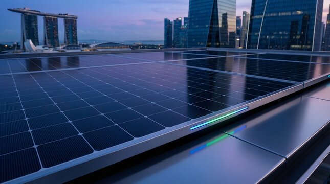 Aerial view of modern rooftop solar panel grid on a cityscape roof, showcasing sustainable technology at dusk