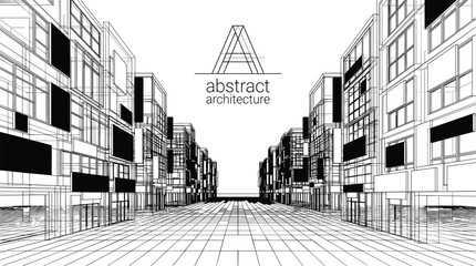 Fototapeta premium Modern abstract architecture wireframe city street with minimalist building outlines and 3D geometric urban perspective vector illustration.