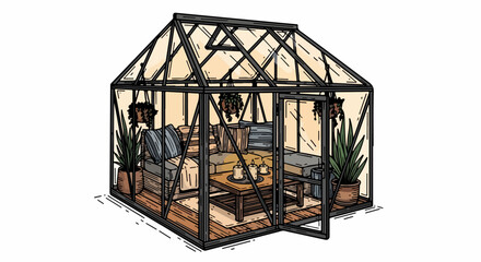 Glass greenhouse exterior perspective with seating table and candles illustration