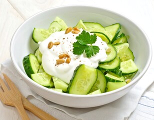 A close-up shot of a healthy bowl of salad with cucumbers, yogurt, pine nuts, and parsley, on a white surface