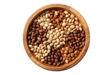 Fototapeta premium Wooden bowl with a variety of healthy nuts and seeds arranged in a yin-yang pattern, top view on transparent background