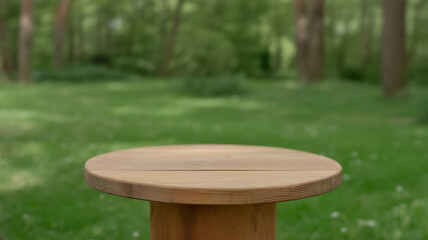 Naklejka premium empty wooden tabletop podium in garden open forest, blurred green plants background with space. organic product presents natural placement pedestal display, spring and summer concept