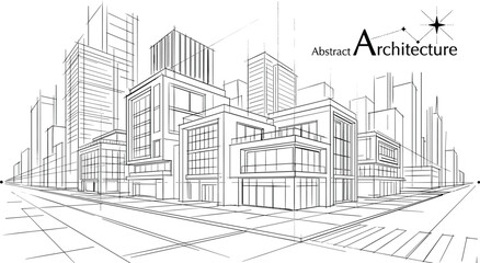 Professional black vector architecture wireframe of modern luxury villa at city intersection with dense downtown skyscraper skyline