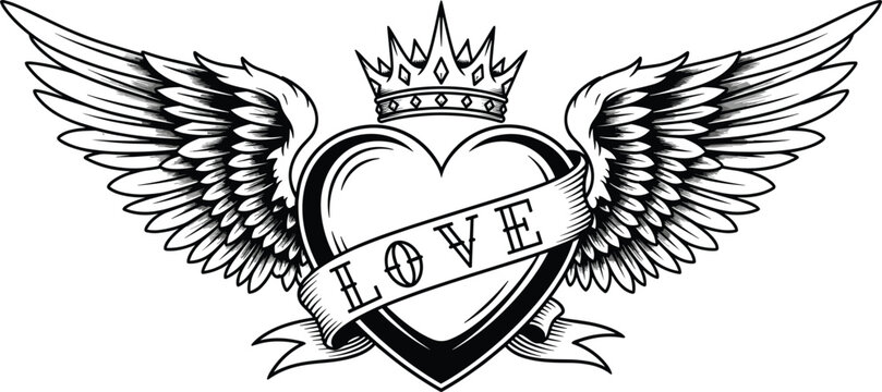 tage old school tattoo style heart with wings and royal crown featuring love ribbon banner in black and white woodcut engraved hand drawn vector illustration