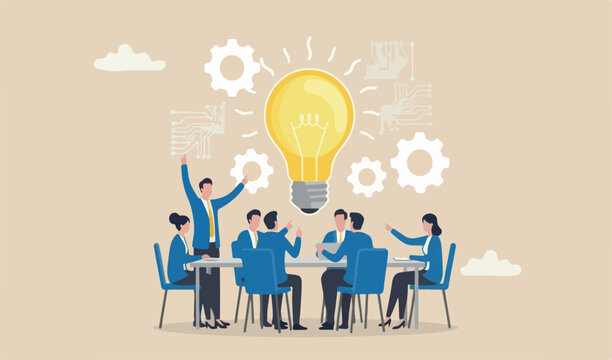 Think big, aspiration to win and success in business big idea from creativity imagination team meeting overcome fear concept, smart businessman entrepreneur thinking big oversized idea lightbulb.