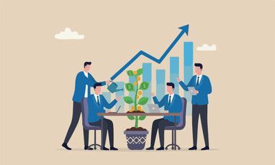 Fototapeta premium Dividends together investing, income growth concept, businessman investor watering growth dollar money plant.
