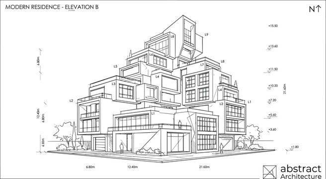 Technical architectural elevation of a modern deconstructivist residential complex featuring stacked modular volumes, cantilevered terraces, and professional BIM annotations.
