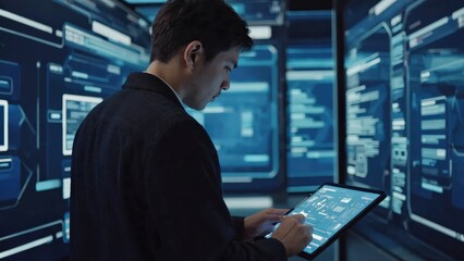 Fototapeta premium A man uses a digital tablet in a futuristic data center filled with glowing blue screens displaying complex information.