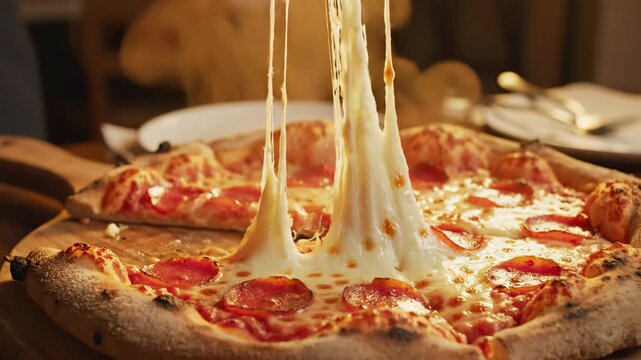 Pepperoni pizza with stretching melted cheese pull on wooden board for food and restaurant content