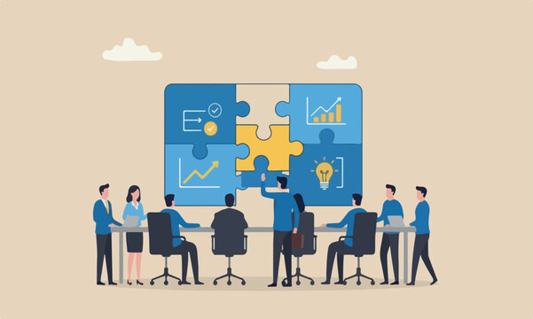  Complete jigsaw, text light beige background. together accomplishment concept, businessman complete last missing jigsaw puzzle piece