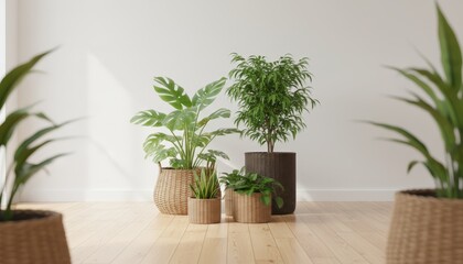 Obraz premium indoor plants in wicker pots on wooden floor.