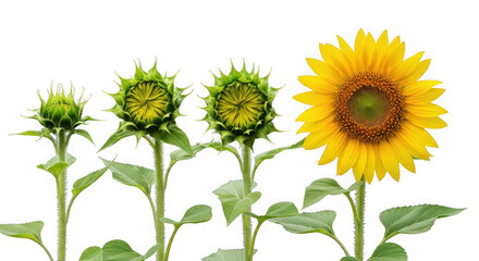 Fototapeta premium A vibrant sunflower stands out among its green and maturing buds on transparent background