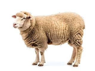Obraz premium Side view of a fluffy sheep with thick wool isolated on a white background