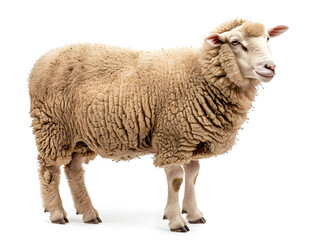 Fototapeta premium Side view of a fluffy sheep with thick wool isolated on a white background