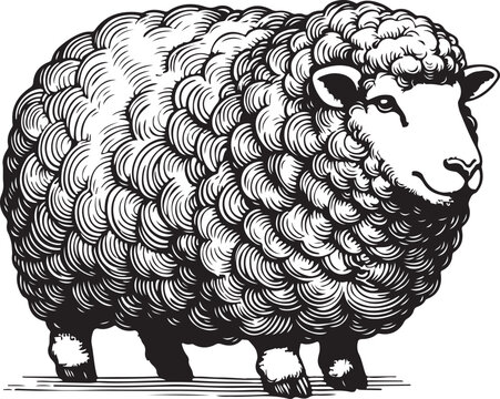  fluffy sheep, showcasing intricate wool patterns and a serene expression in vintage artistic style sketch engraving generative ai raster illustration. Scratch board imitation. Black and white