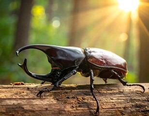 A close-up shot of a large, dark beetle with a prominent horn, perched on a weathered log, sunlit forest