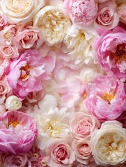 Naklejka premium Romantic Flower Boutique Display With Pale Pink Peonies and Roses in Soft Light for a Pleasing Arrangement