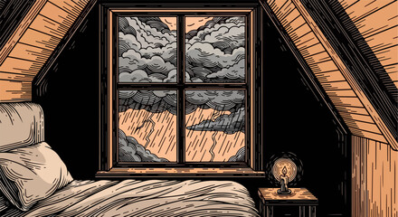 Bedroom attic with central window heavy rain clouds and candle illustration © Matt