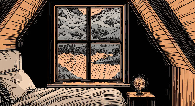 Bedroom attic with central window heavy rain clouds and candle illustration