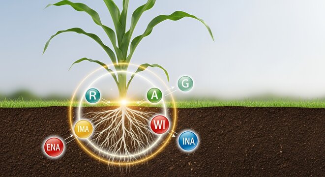 Illustration of a corn plant with roots and leaves highlighting mineral nutrients in soil