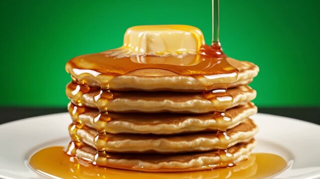 Stack of pancakes with butter and maple syrup drizzling down for food and breakfast content