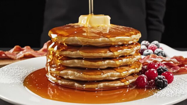 Fluffy pancake stack with butter and syrup pouring for food and breakfast content