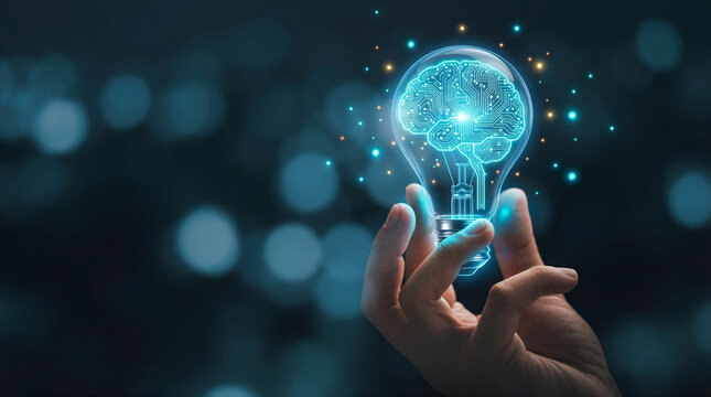 Illuminating idea concept glowing brain inside a lightbulb held by a human hand, symbolizing innovation and inspiration