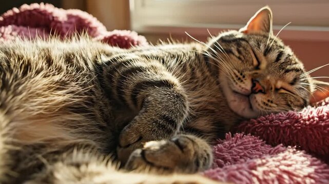 Tabby cat sleeping and resting on pink fluffy blanket near sunny window for pet and lifestyle content