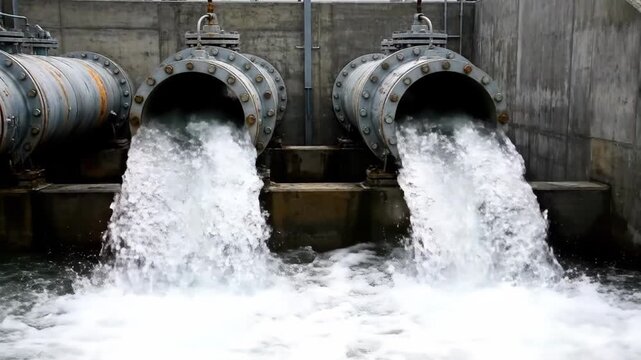 Industrial water discharge from a large metal pipe at a treatment facility. Powerful stream of wastewater flowing from a sewer pipeline for sanitation and purification