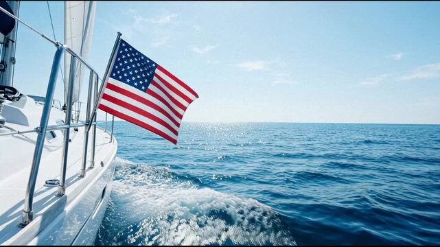American Flag Flying Proudly on a Sailboat Sailing on the Ocean on a Sunny Summer Day